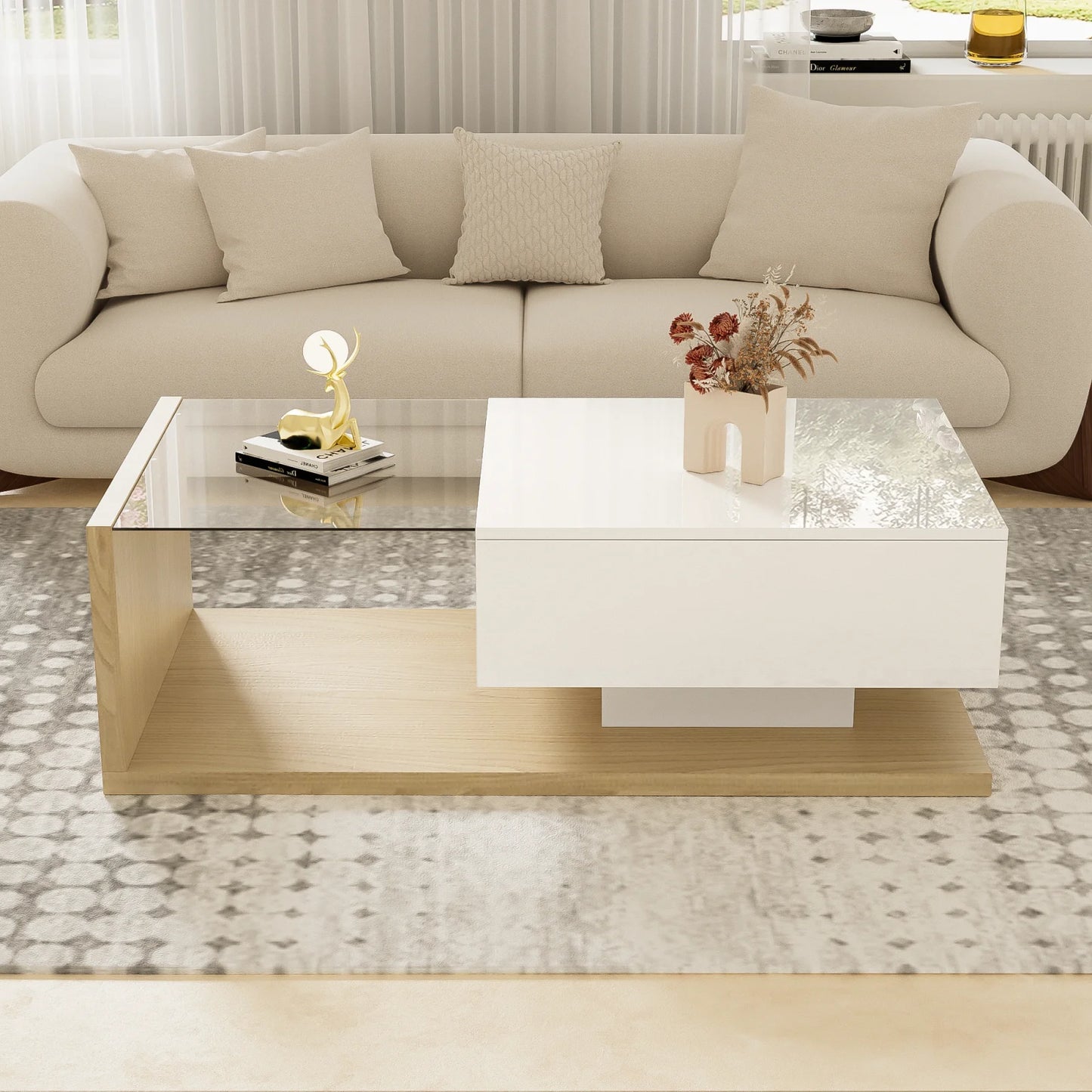 Coffee Tables With Glass And LED Living Room Coffee Table In High Gloss White And Wood Color Combination. Side Tables