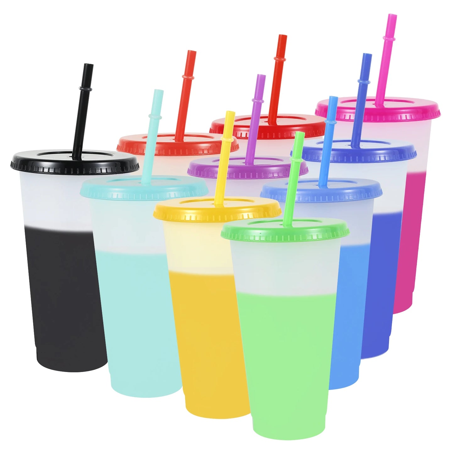 Tejesa  10Pcs Color Changing Cup Food Grade Plastic Straw Tumbler with Lid Straw 710ml Large Capacity Cold Drinking Cup Fashion Watercup