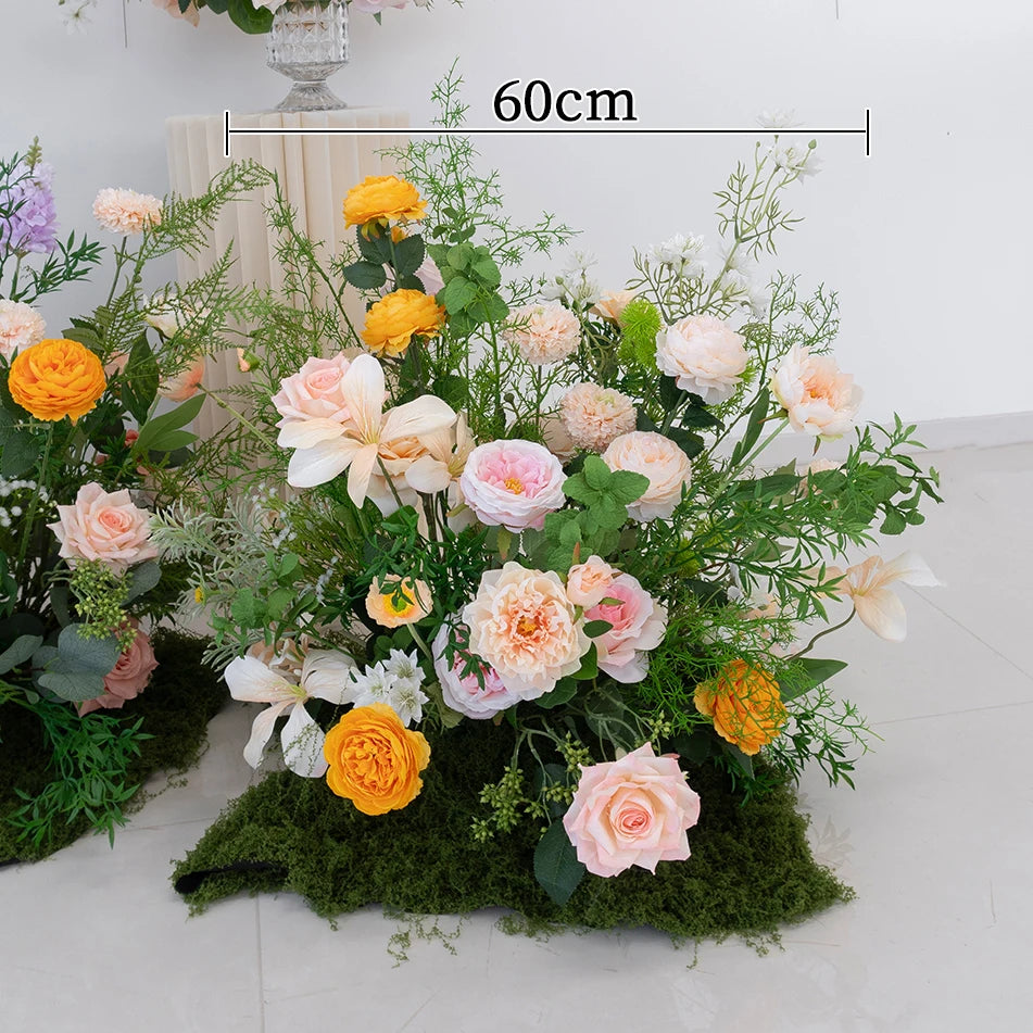 Luxury Champagne Rose Peony Green Leaf Table Runner Floral Event Road Lead Floor Flower Wedding Arch Deco Flower Row Arrangement