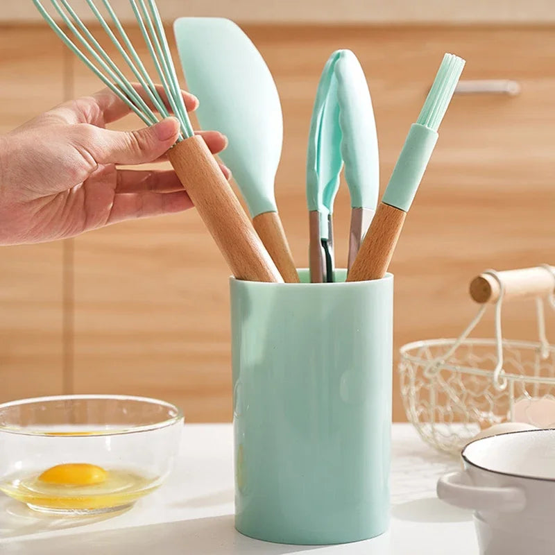 Hemasa 12PCS Silicone  Non-Stick Cookware Kitchen Utensils Set Spatula Shovel Egg Beaters Wooden Handle Cooking Tool Set