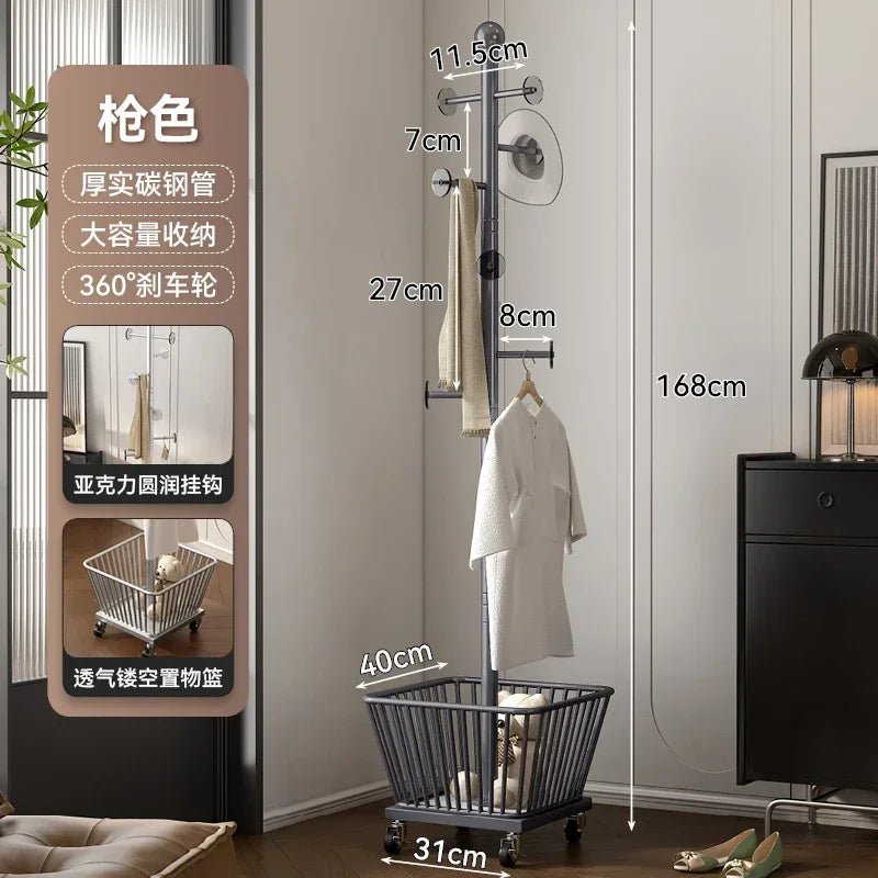 Standing Coat Rack with Basket, Entryway Coat Hanger Stand, Mobile Clothes Storage Rack with Wheels, Hallway