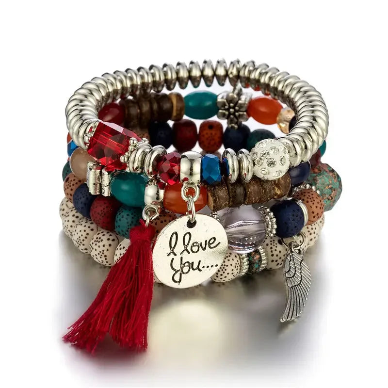 4Pcs Bohemian Beaded Bracelet Set For Women I Love You Letter Round Wing Tassel Charm Elastic Chain Bangle Girls Boho Jewelry