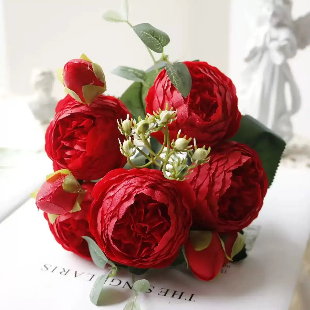 30cm Rose Pink Silk Peony Artificial Flowers Bouquet 5 Big Head and 4 Bud Cheap Fake Flowers for Home Wedding Decoration indoor