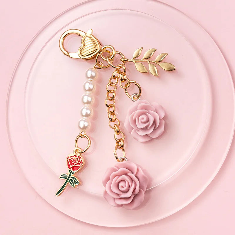 Fashion Imitation Pearl Flower Keychain Cute Sakura Rose Plush Ball Keyring for Women Girls Car Handbag Phone Pendant Accessorie