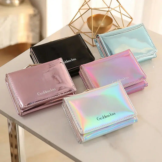 Newest Hot Women Short Small Coin Purse Wallet Ladies Leather Folding Card Card Holder Laser Colorful Coin Purses