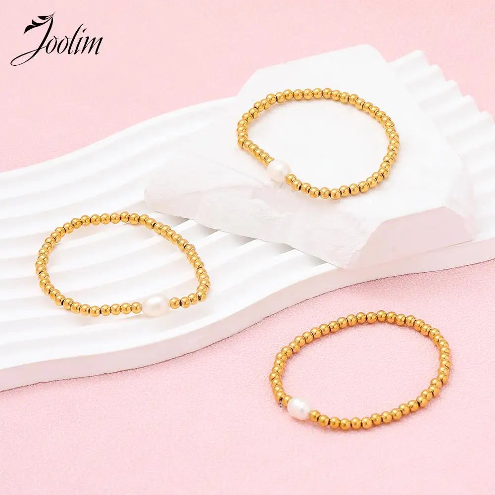 Joolim Jewelry Wholesale High End PVD No Fade Dainty Beads Pave Chain Stretchy Pearl Pendant Stainless Steel Bracelet for Women