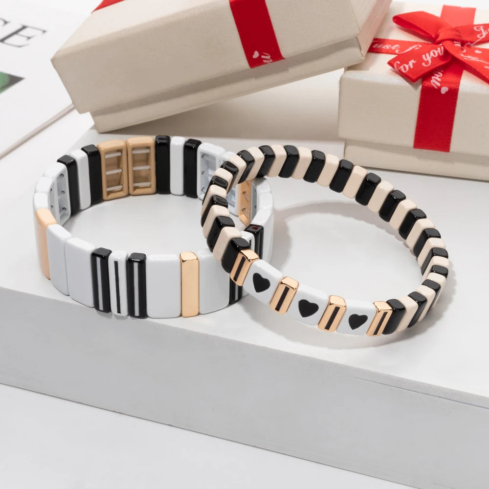 Hemasa Enamel Tile Women Bracelet Set Drip Oil Black&White Series Elastic Heart Bangle