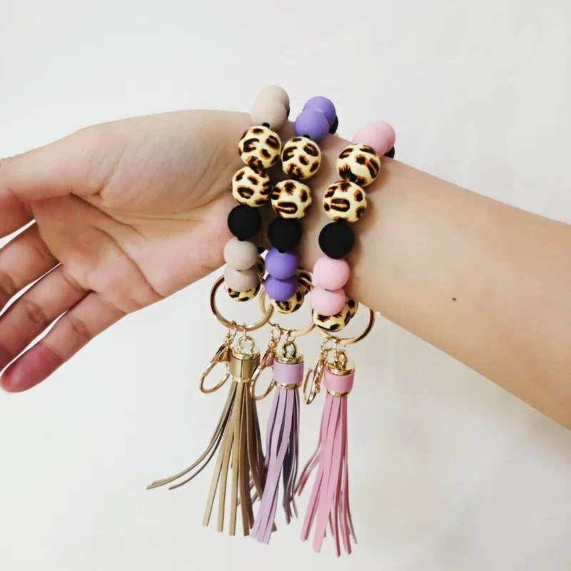 Leopard Print Acrylic Bead Bracelet, with PU Leather Tassels AndKeychain Bag Pendant, Women's Car Wrist Keyring