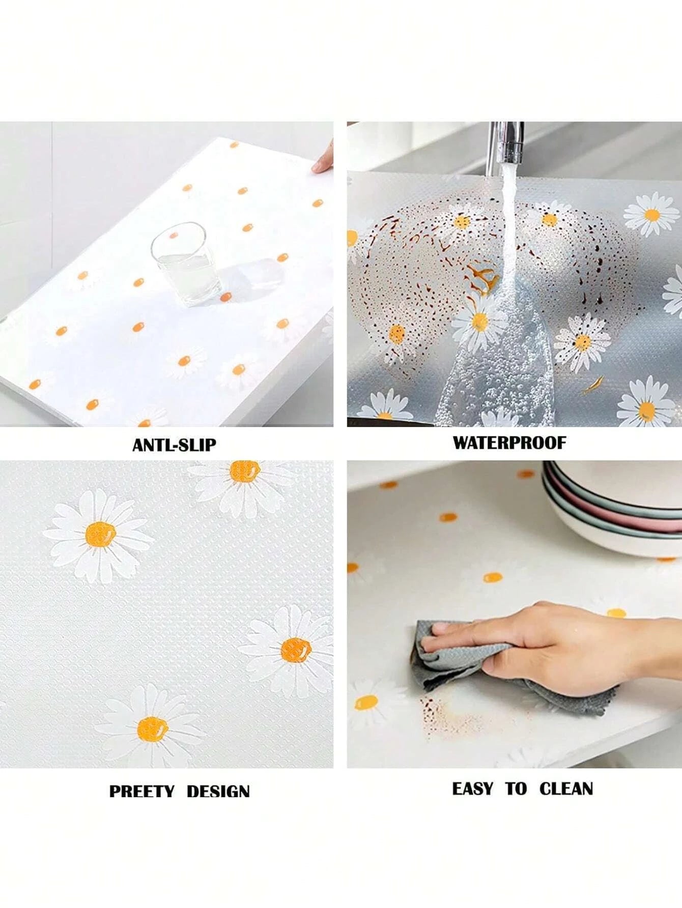 Hemasa 1 Roll Daisy Shelf Liner For Kitchen Cabinets EVA Waterproof Fridge Pad Cupboard Mat Easy Placemats Non-Adhesive Drawer Liner