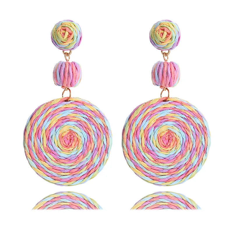 Summer Beach Bohemia Round Raffia Earrings For Women Boho Handmade Rattan Weave Drop Dangle Earrings Holiday Style