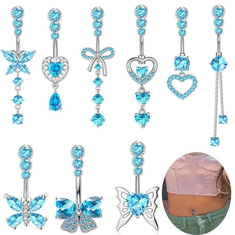Blue Crystal Zircon Belly Button Rings Dangle Heart Butterfly Navel Piercing Stainless Steel Belly Bar Body Piercing Jewelry