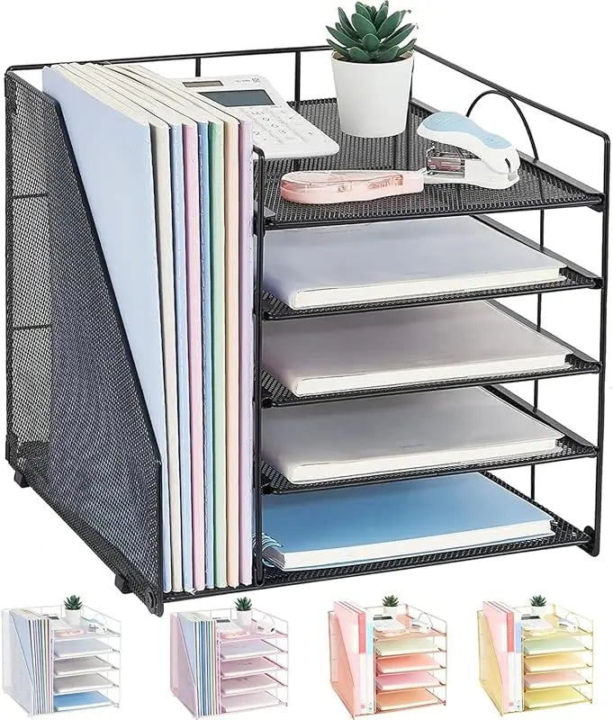 5 - Tier Paper Letter Tray Organizer with File Holder: Office Supplies Desktop Organizer