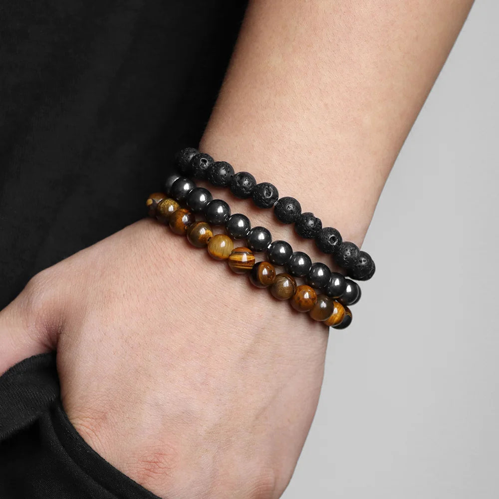 Hemasa 3Pcs Natural Howlite Lava Tiger Eye Hematite Bead Stretch Bracelets