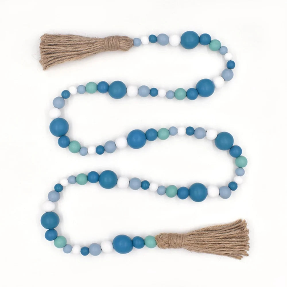 Hemasa Wooden Bead Garland For For Tiered Tray Decor Blue and White Wood Bead Garland With Tassels Country Farmhouse Home Decoration