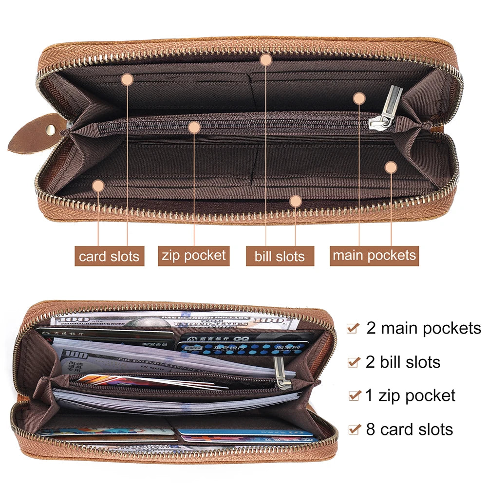 Hemasa  Leather Long Wallets for Men / Credit Card Holder Checkbook Wallet Zipper Coin Pocket Purse for  Male