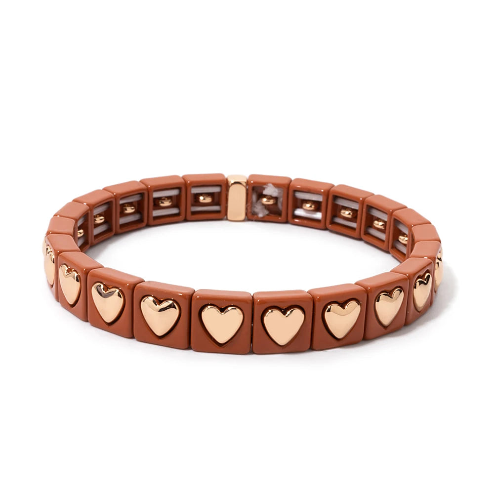8mm Square Shape Love Bangle For Women Rainbow Color Peach Boho Enamel Elastic Beads Bracelets