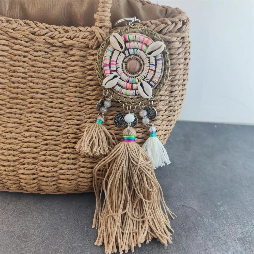 Leather Tassel With Colorful Pompons Handbag Accessorise Boho Style Keychains For Women Keyring Jewelry