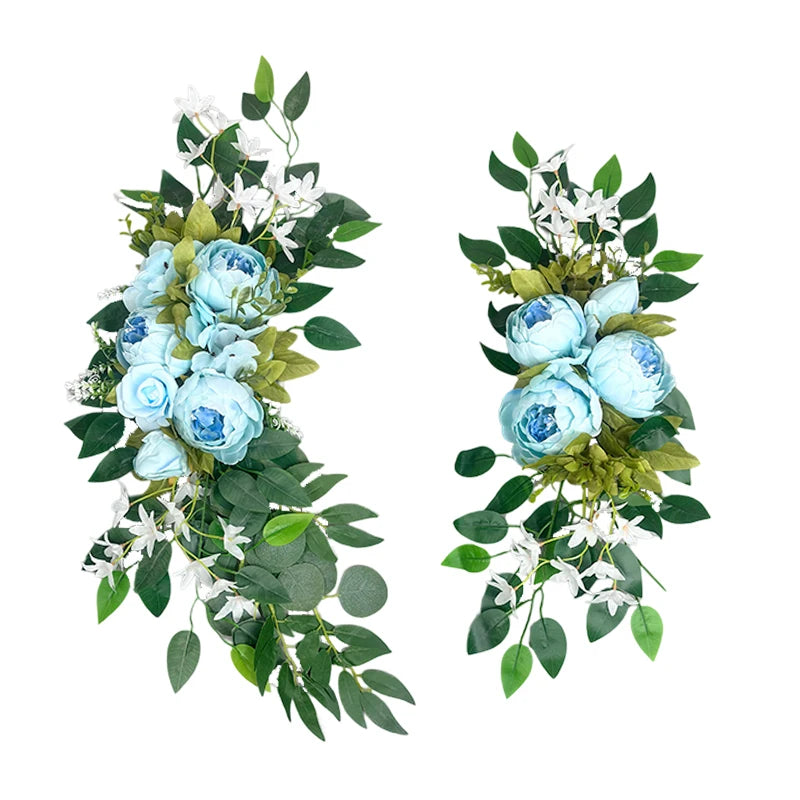 Rose Artificial Flowers Wedding Arch Kit Boho Dusty Rose Blue Eucalyptus Garland Drapes For Wedding Decorations Welcome Sign
