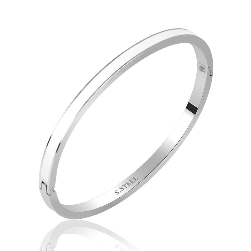 Heamsa White Enamel Charm Cuff Bangle For Women /Stainless Steel Round Hollow  Bracelet