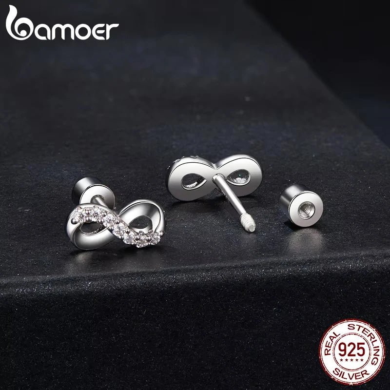 BAMOER White Gold Plated Moissanite Infinite Love Earrings for Women, 925 Sterling Silver Elegant Studs Huggies Christmas Gift