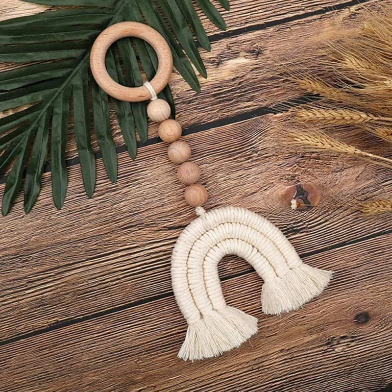 Handmade Woven Cotton Rope Rainbow Decoration Natural Wooden Bead Tassels Garland String Wall Hanging Ornament Home Decoration