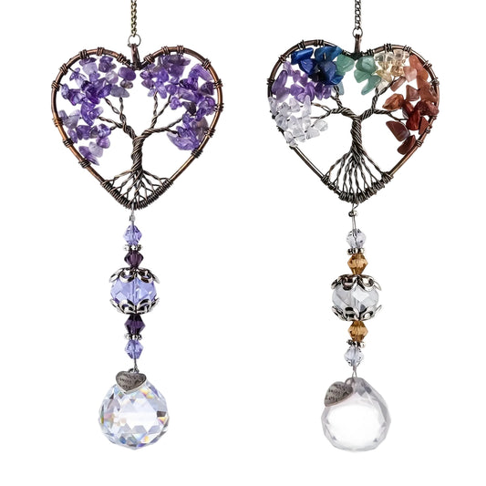 Tejesa  Rainbow Crystal Sun Catcher/Tree Of Life Suncatchers Heart Shaped Hanging Ornament Chakra Stones Window Crystal Ball Prism