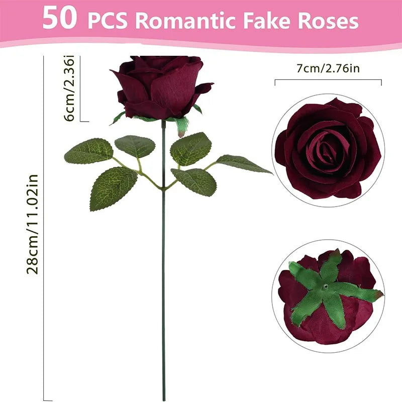 Artificial Flowers Velvet Roses 50 PCS Real Look Roses Bouquet Flowers for DIY Wedding Party Baby Shower Home Decoration