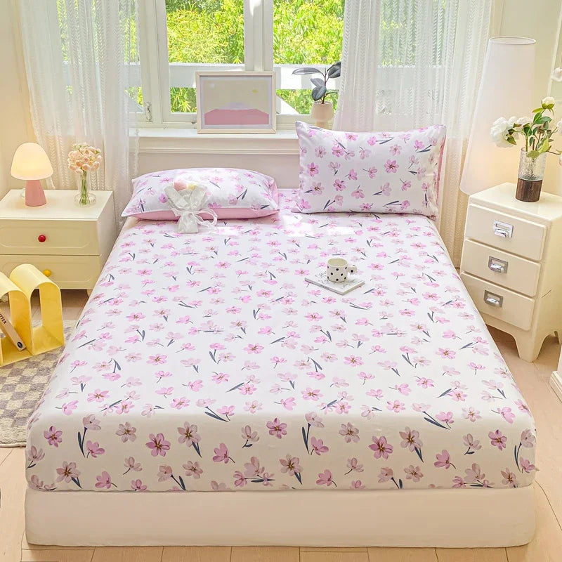 Pure Cotton Fitted Sheet Single Double Queen Size Printed Mattress Cover With Elastic Band Bedsheet Soft Comfortable Fitsheet
