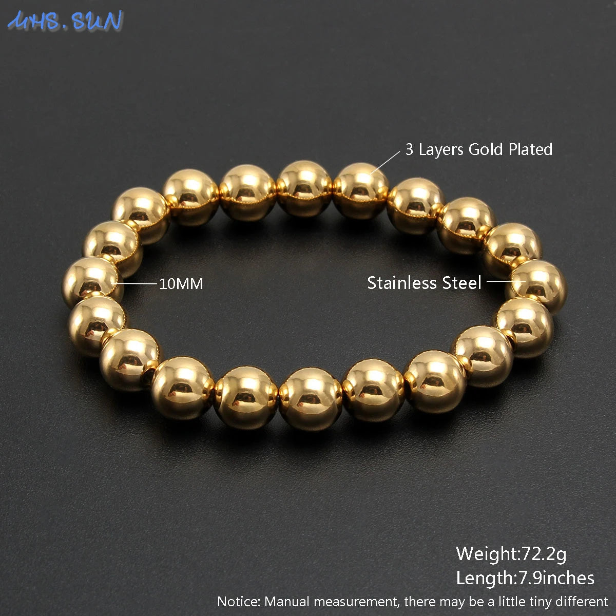 MHS.SUN Fashion Waterproof Smooth Stainless Steel Bracelets 2-10mm Elastic Beaded Gold Plated Stackable Bracelet Women Jewelry