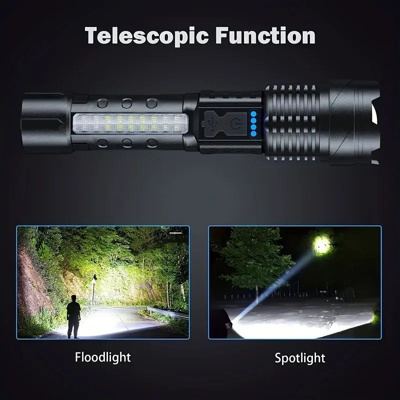 Super Bright LED COB Flashlight USB Rechargeable Torch with 7 Lighting Modes Telescopic Zoom Lantern for Outdoor Camping Hiking