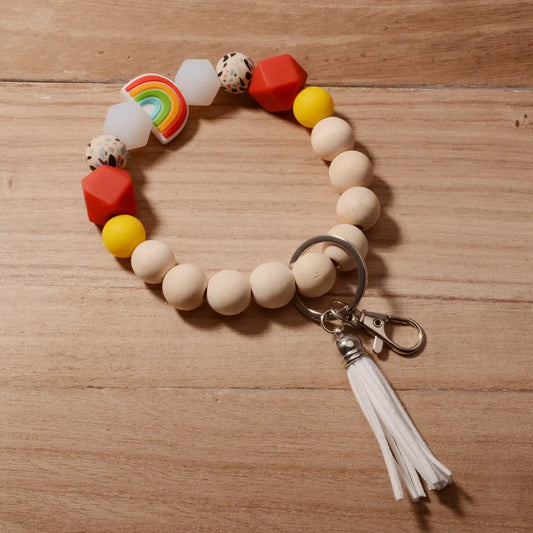 New Fashion Silicone Keychain For Keys Rainbow Color Silicone Beads Tassel Keyrings Women Men Beaded Bracelet Keychain Wholesale