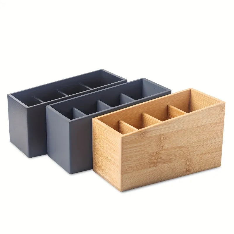 Wooden 4-Slot Remote Control Organizer Box - Desktop Storage for TV AC Remotes and Smartphones