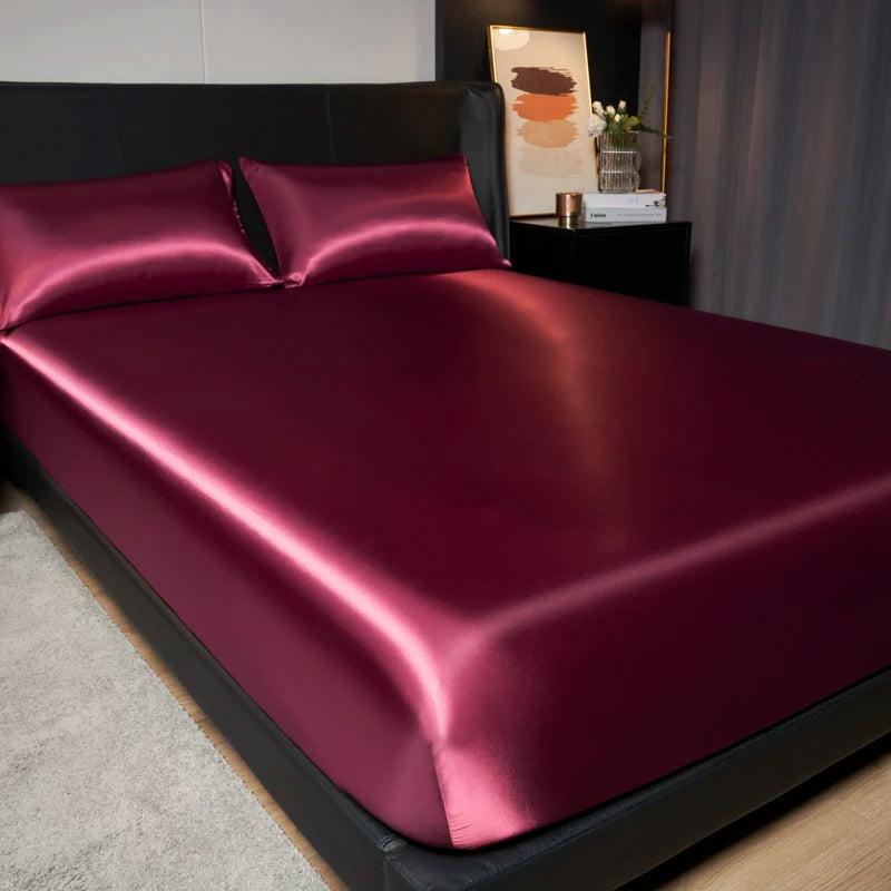 1Pc Satin Fitted Sheet Solid Colour Twin Full Queen Ice Silk Mattress Cover Natural With Elastic Band Bed Sheet (No Pillowcase)