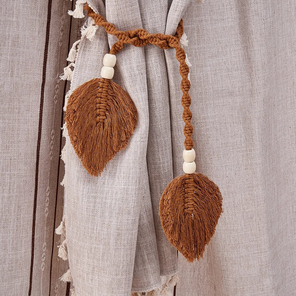 Boho Curtain Tiebacks Leaf Curtain Buckles with Wooden Bead Cotton Rope Hand-Woven Curtain Straps for Home Bedroom Decoration