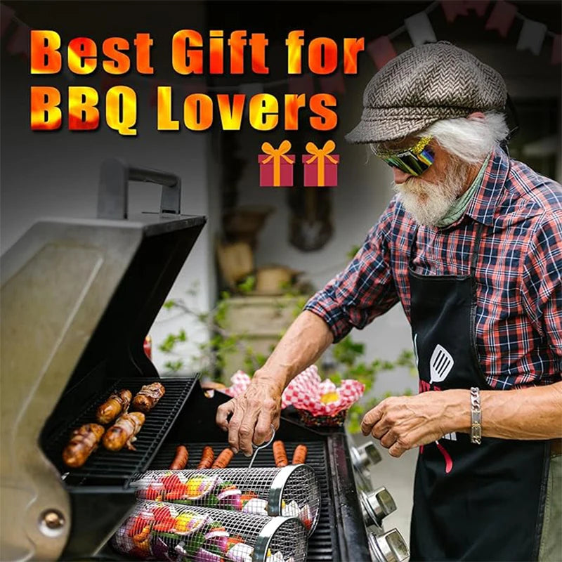 BBQ Grill Basket Stainless Steel Rolling Grilling Baskets for Ideal for Cooking Meat French Fries Vegetables on Outdoor Barbecue