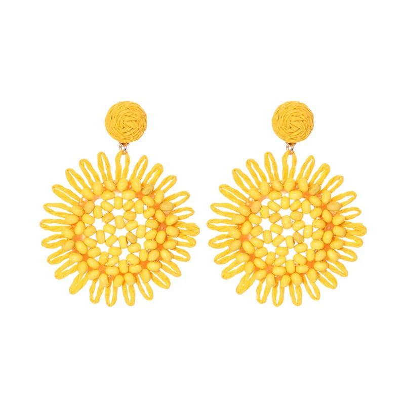 Bohemia Handmade Rice Bead Rattan Weaving Piercing Earrings for Women Sunflower Individualized Sunflower Fashion Trends Jewelry
