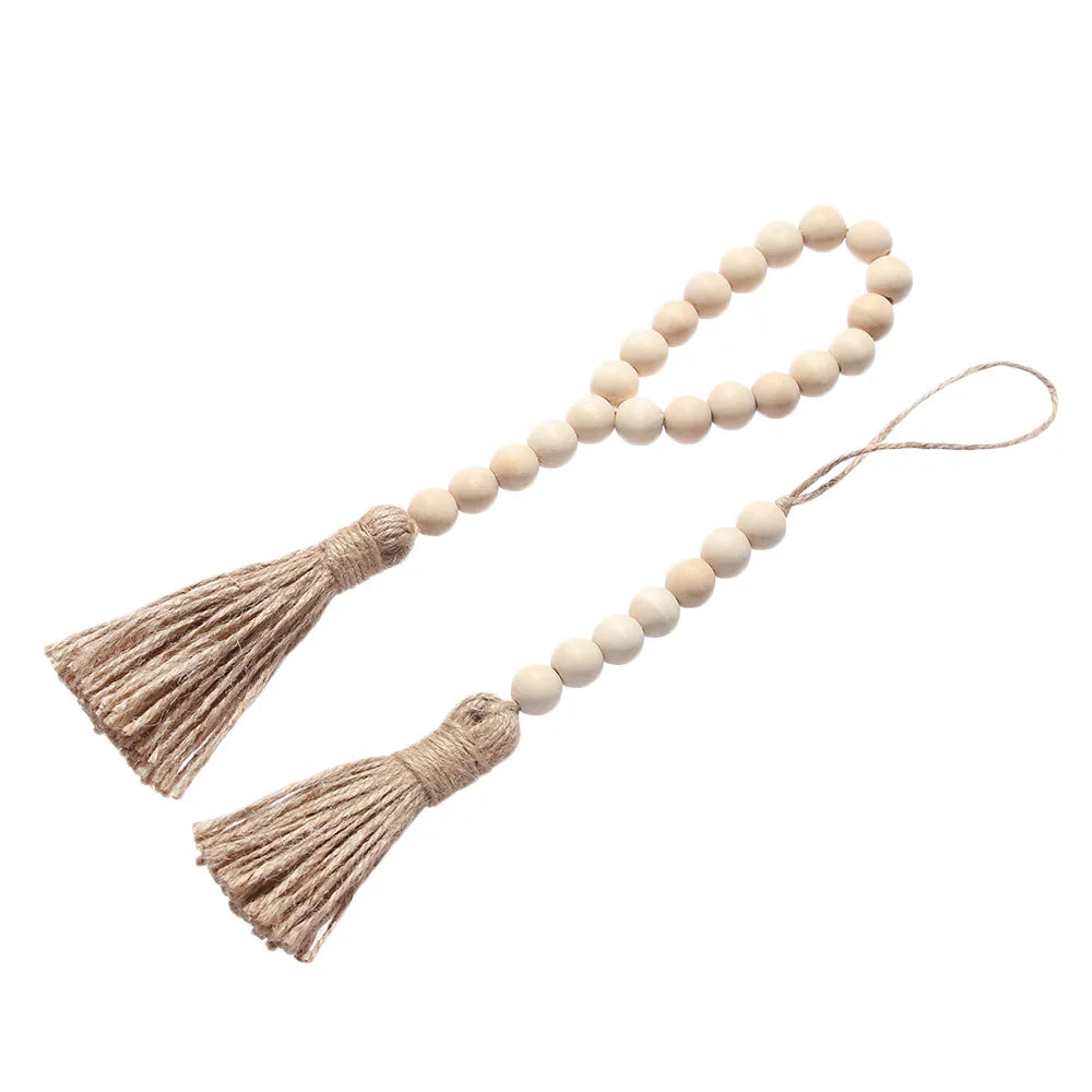 Wood Bead Garland with Jute Rustic Boho Tassels String DIY Wall Hanging Handmade Garland Farmhouse Home Decor Ornament Gift