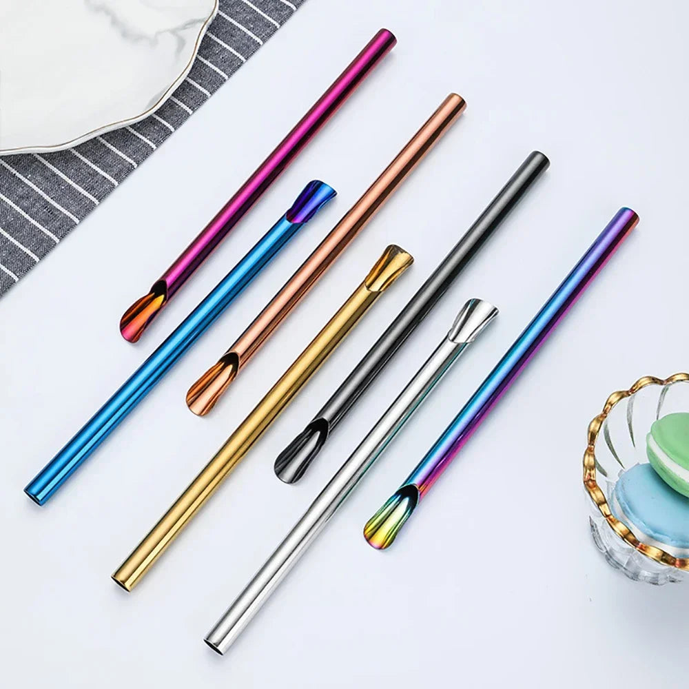 Hemasa 2Pcs  Stainless Steel Reusable Spoon Drinking Straw  Stirring Spoon with Brush Set