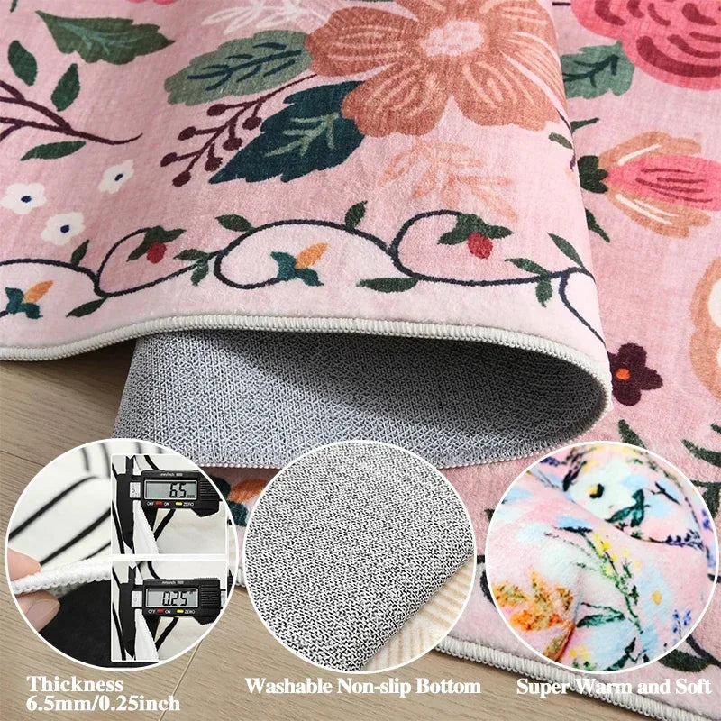 Bedroom Rug Bedside Long Floor Mat Soft Machine Washable Carpet Flower Pastoral Style Home Decoration Rugs for Living Room Hall
