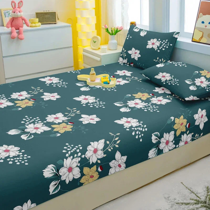 1 Simple Modern Plant Flower Printed Matte Fitted Sheet, Bedroom Printed Bed Cover, Bedding (Excluding Pillowcases)