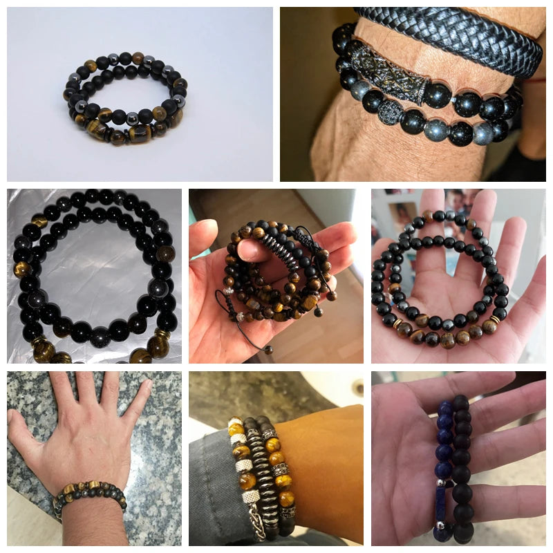 2pcs/set Beaded Bracelet Natural Stone Tiger Eye Hematite Beads Bracelet Men Energy Elastic Rope Bracelet Jewelry Couples Gifts