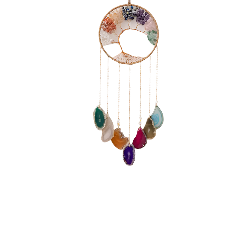 Hemasa Crystal Natural Gemstone Tree of Life Healing Pink Quartz 7 Chakras Grave Agate Stones Reiki Moon Suncatcher Hanging Home Decor