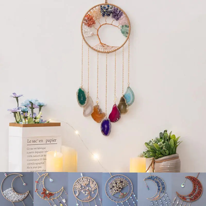 Hemasa Crystal Natural Gemstone Tree of Life Healing Pink Quartz 7 Chakras Grave Agate Stones Reiki Moon Suncatcher Hanging Home Decor
