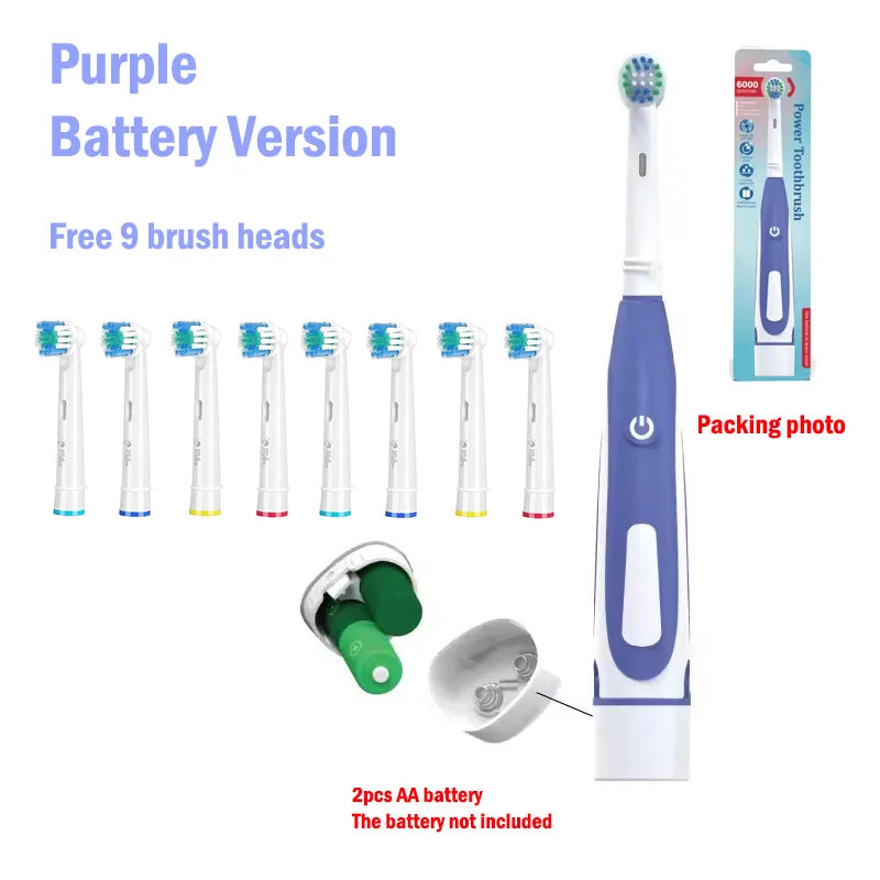 Electric Toothbrush Rounded Vibrate Heads Teeth Brush Soft Bristle Rotation Gum Care Battery Power Teeth Whitening For Adults