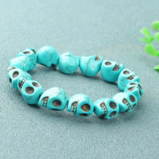 Turquoise Skull Bracelet Men Fine Jewelry Skulls Head Beads Elastic Beaded Bracelets Gemstone Bangle Women Male Gifts Accessorie