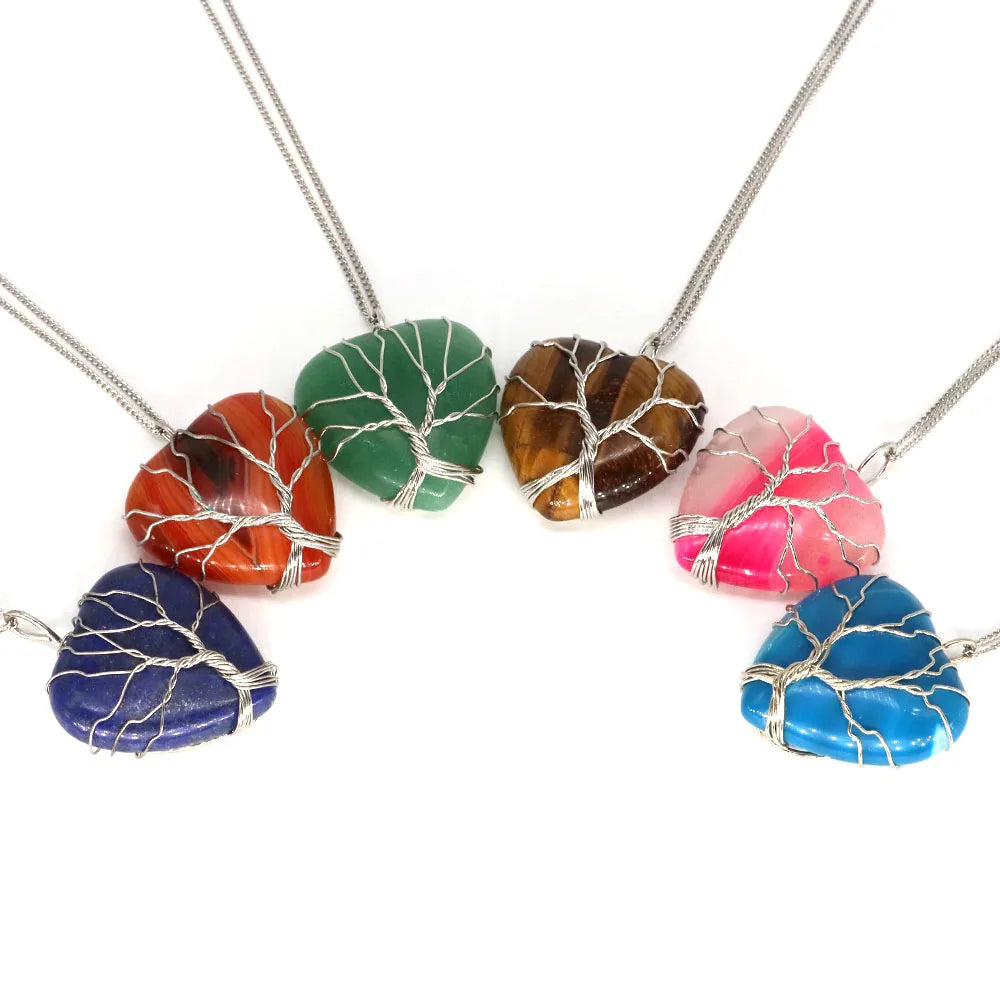 Heart Shape Pendant Neckalce Tree Of Life Wire Wrapped Natural Crystals Lapis Lazuli Rose Quartz Healing Gems Love Jewelry Gifts