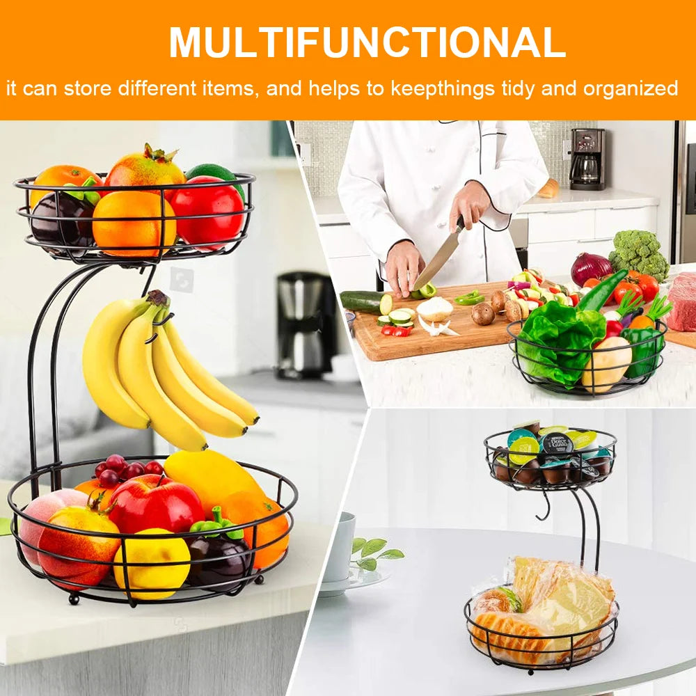2-Tier Fruit & Veggie Basket Durable Storage Stand for Dining Tables with Hanger Option