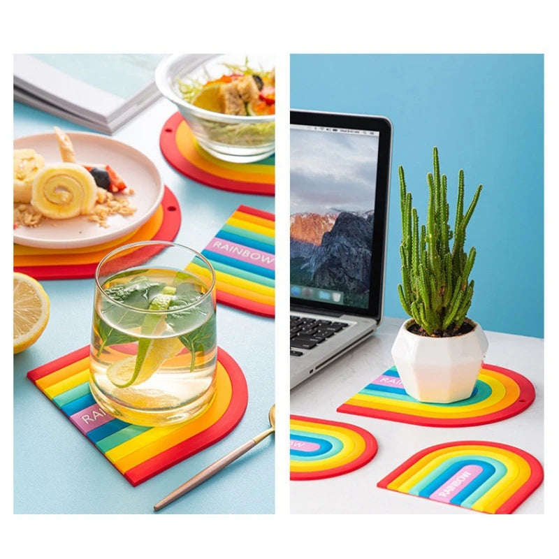 Hemasa Rainbow Silicone Table Mat Coaster Nordic style Insulation Pad Cup Mat Plate Non Slip Placemat Home Decor (Set of 4)