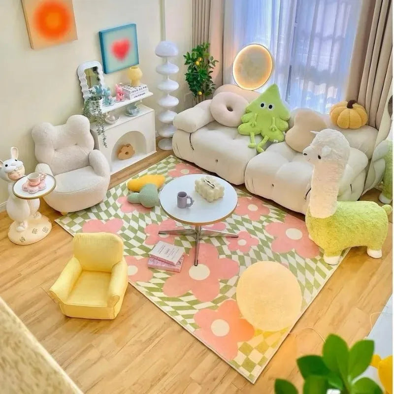 Tejesa Pink Blue Checkerboard Bedside Carpet Cute Dopamine Bedroom Rug Fashion Ins Advanced Light Luxury Soft Coffee Table Mat 러그 Tapis