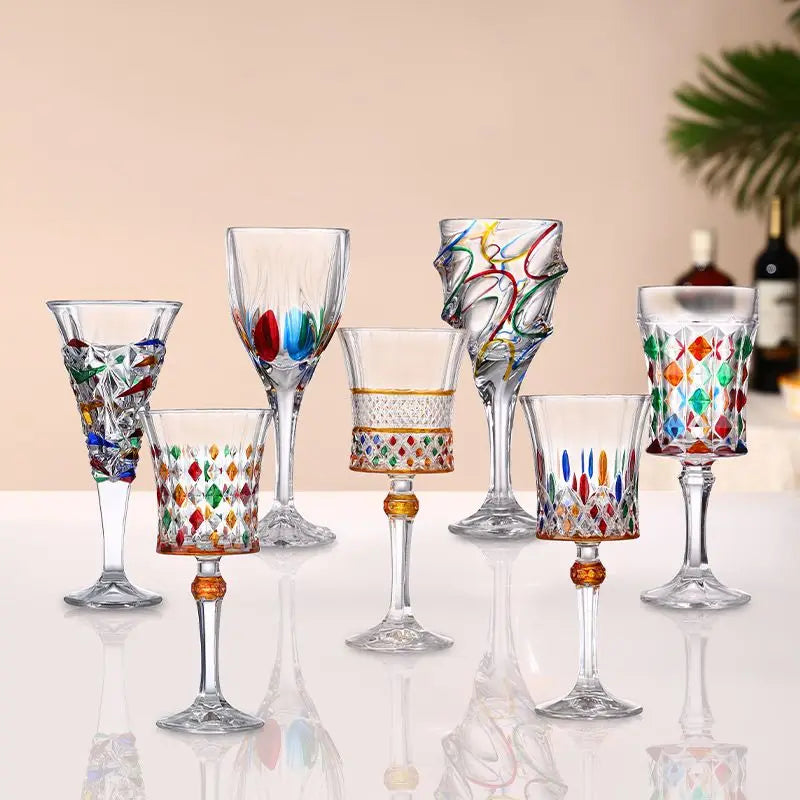 1/2pcs Hand Drawn Diamond Carved Crystal Glass Cup Rainbow Diamond Gloss Champagne Cup Thickened Design Red Wine Tall Glasses